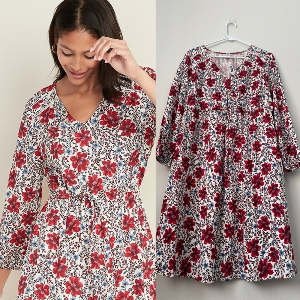 Waist-Difined Bell-Sleeve Faux-Wrap Dress for Women, red floral, Size L